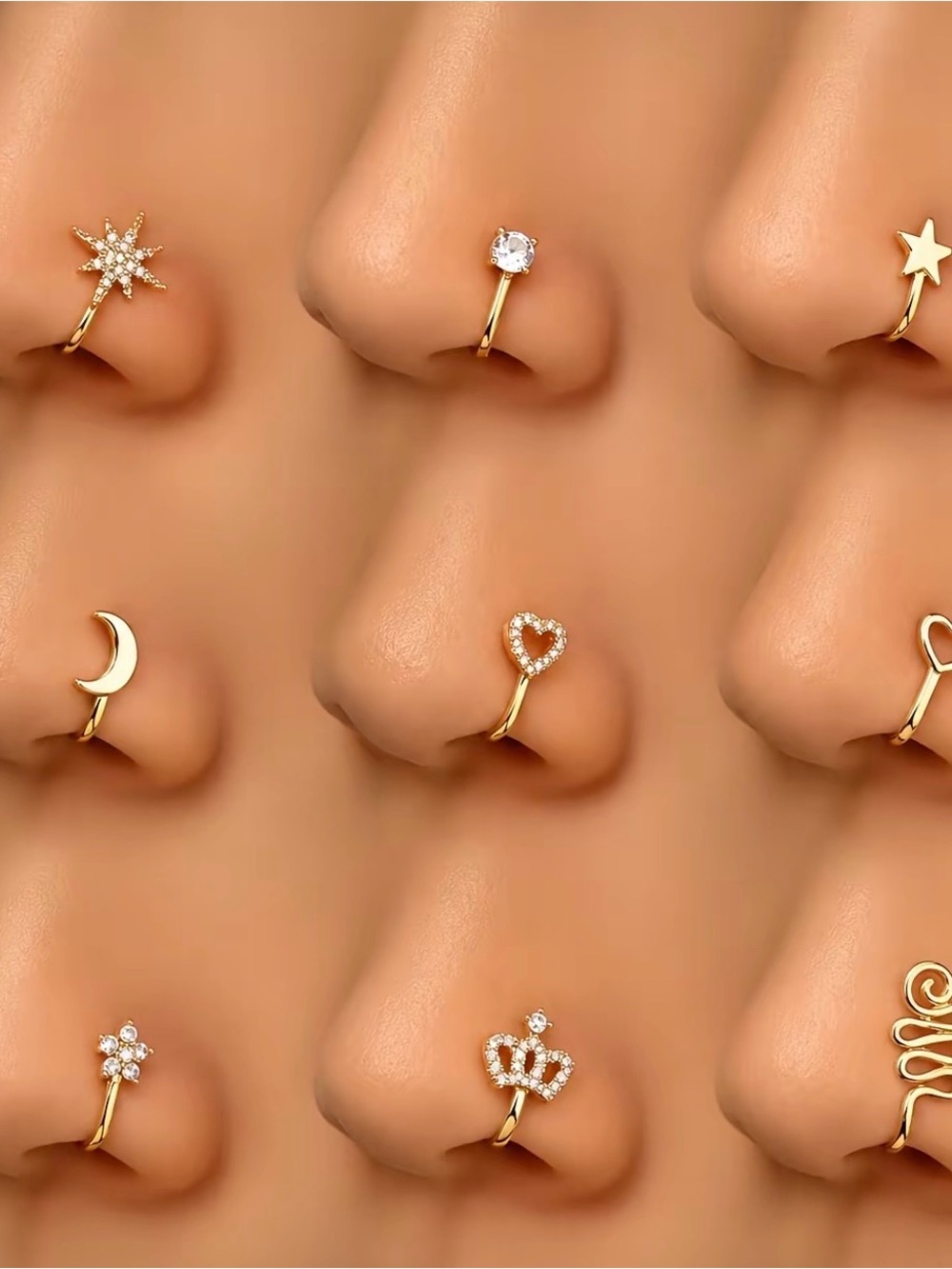 Gold Nose Ring Set with Crystal Accents - Women Jewelry